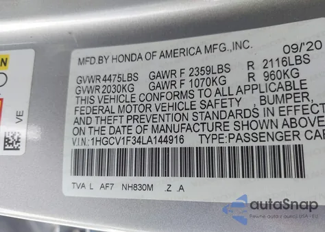 2020 Honda Accord Sport из США, поврежденный, VIN 1HGCV1F34LA144916